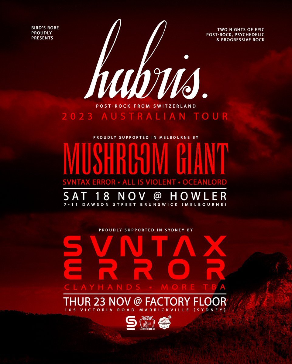 svntaxerror's tweet image. Big things happening soon in the Svntax Error camp.  We're off to support Swiss post-rock icons @hubrisband both at home in Sydney on the 23rd November and at an epic 5 band show in Melbourne on the 18th November.

Tickets here: hubrisband.com/tour