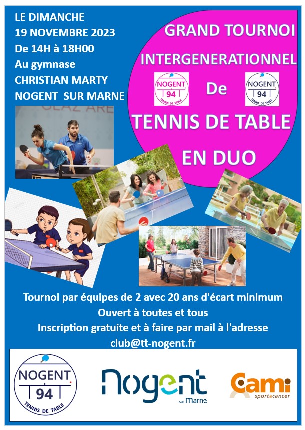 Nogent-sur-Marne (@nogent94130) on Twitter photo 🔔RAPPEL
#Tournoi #intergénérationnel de #TennisdeTable 🏓
Ouvert à tous, chaque binôme doit avoir 20 ans d’écart minimum. Inscrivez-vous en famille pour un moment sportif et convivial ! 💪
⏱️19/11-14h/18h
📍Gymnase C.Marty
Inscription gratuite : club@tt-nogent.fr
#sport 🔔RAPPEL
#Tournoi #intergénérationnel de #TennisdeTable 🏓
Ouvert à tous, chaque binôme doit avoir 20 ans d’écart minimum. Inscrivez-vous en famille pour un moment sportif et convivial ! 💪
⏱️19/11-14h/18h
📍Gymnase C.Marty
Inscription gratuite : club@tt-nogent.fr
#sport