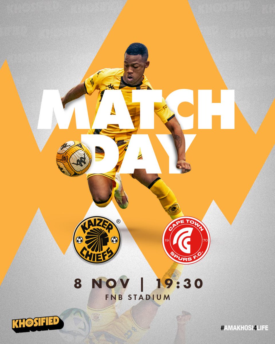 KaizerChiefs's tweet photo. Match Day!

🏆#DStvPrem
⚽️Kaizer Chiefs vs. Cape Town Spurs
👕First Team
🗓Wednesday 08 November 2023
🏟FNB Stadium
🕝19h30
📺SuperSport PSL 
🎟🚫
📢No Fans Allowed!

#Amakhosi4Life #Khosified https://t.co/7ee0a8LQeZ