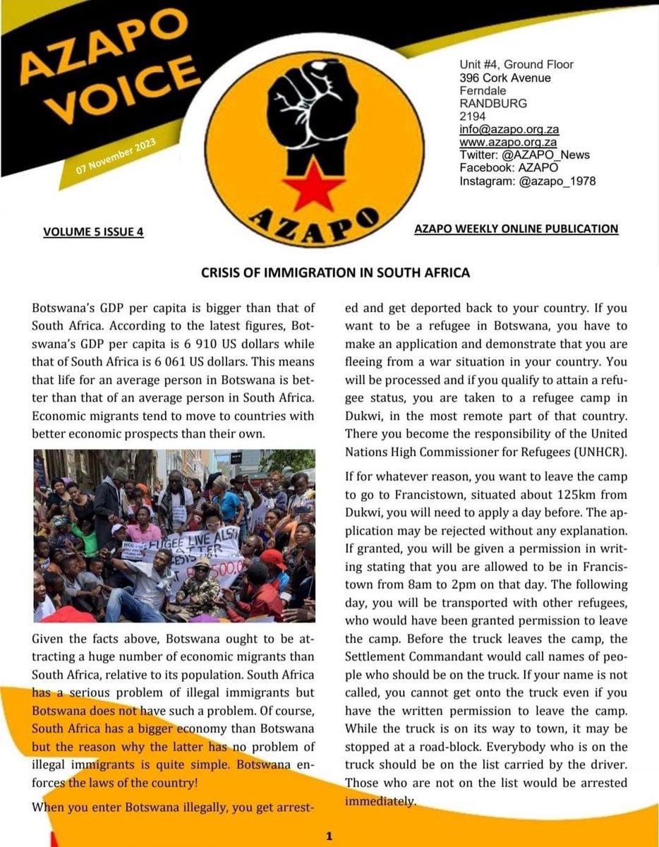 AzapoLimpopo's tweet photo. 𝐀𝐙𝐀𝐏𝐎 𝐕𝐎𝐈𝐂𝐄

𝐖𝐄𝐄𝐊𝐋𝐘 𝐎𝐍𝐋𝐈𝐍𝐄 𝐏𝐔𝐁𝐋𝐈𝐂𝐀𝐓𝐈𝐎𝐍

VOLUME 5 ISSUE 4

07 NOVEMBER 2023

Read: Crisis of Immigration in South Afrika.

#VoteAZAPO2024 
#BringBackTheLand https://t.co/FHTPq3bvKj