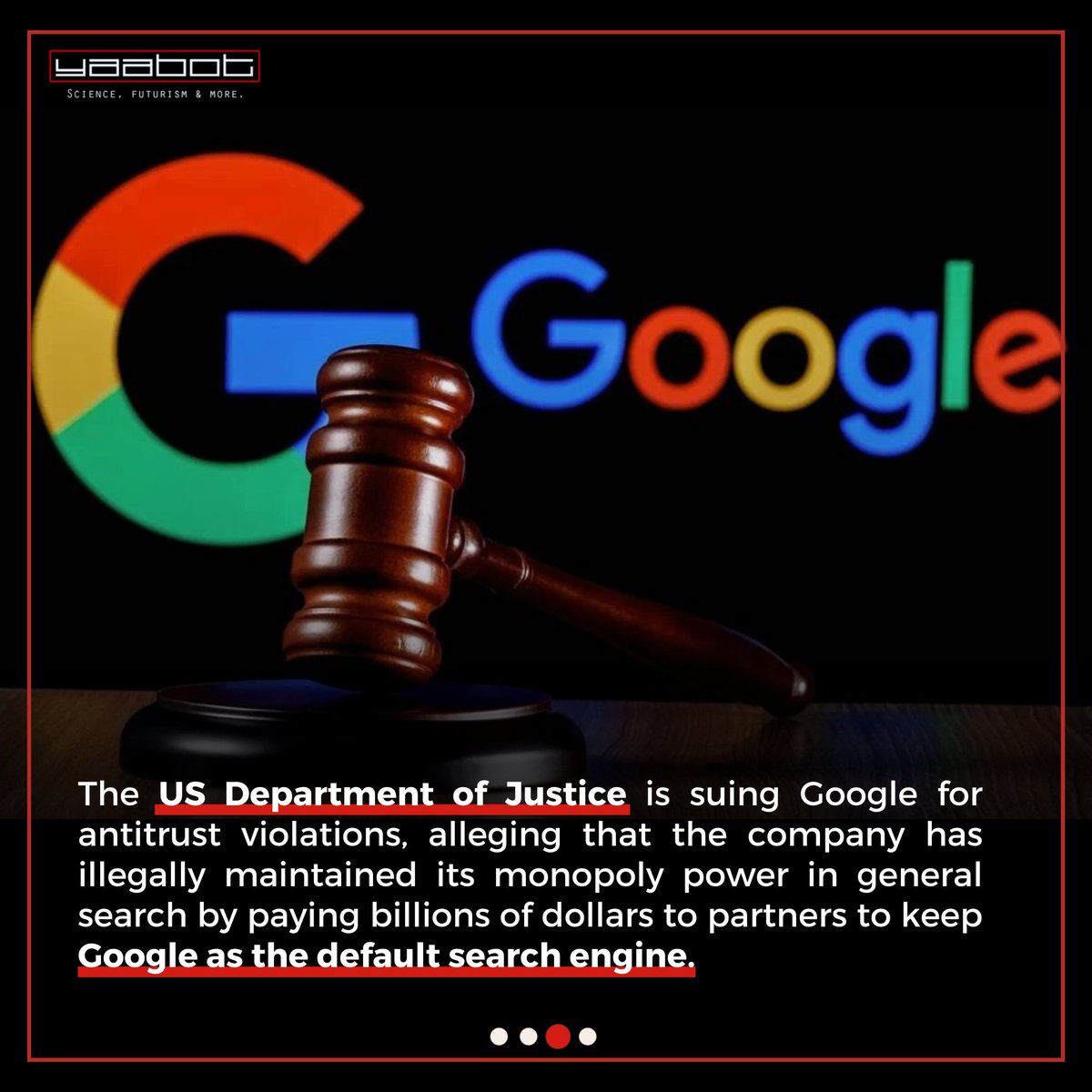 yaabot's tweet image. . @Google paid $26.3 billion in 2021 to be the default search engine on browsers. 
Is this a fair competition? 
The US Department of Justice is suing Google for antitrust violations, alleging that the company has illegally maintained its monopoly power.

#GoogleAntitrust #BigTech