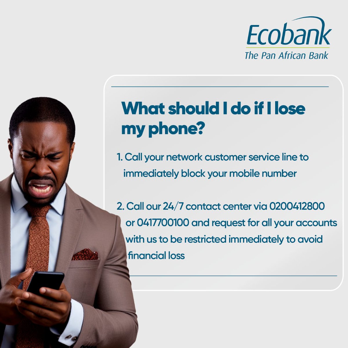 EcobankUganda's tweet image. Lost your phone? Don't panic. Just follow these 2 quick steps to keep your money safe:

1. Call your network to block your number.
2. Reach out to our 24/7 team at 0200412800 or 0417700100 to shield your accounts. 

#MoreSecure 
#CyberSecurity