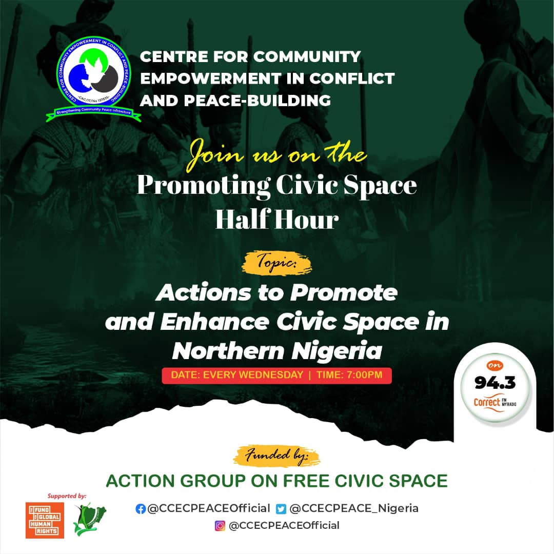 ccecpeace's tweet photo. Join us @ 7pm! Our 12th episode Radio Program. What role does civic education plays in fostering a healthy civic environment? @oluwa_shegz will enlighten us with @rymboxx doing an excellent presentation. @ActionGroupFCS @Spaces4Change @csrhubWA @FundHumanRights @CSOHUBAfrica https://t.co/RFSBEVIYPM