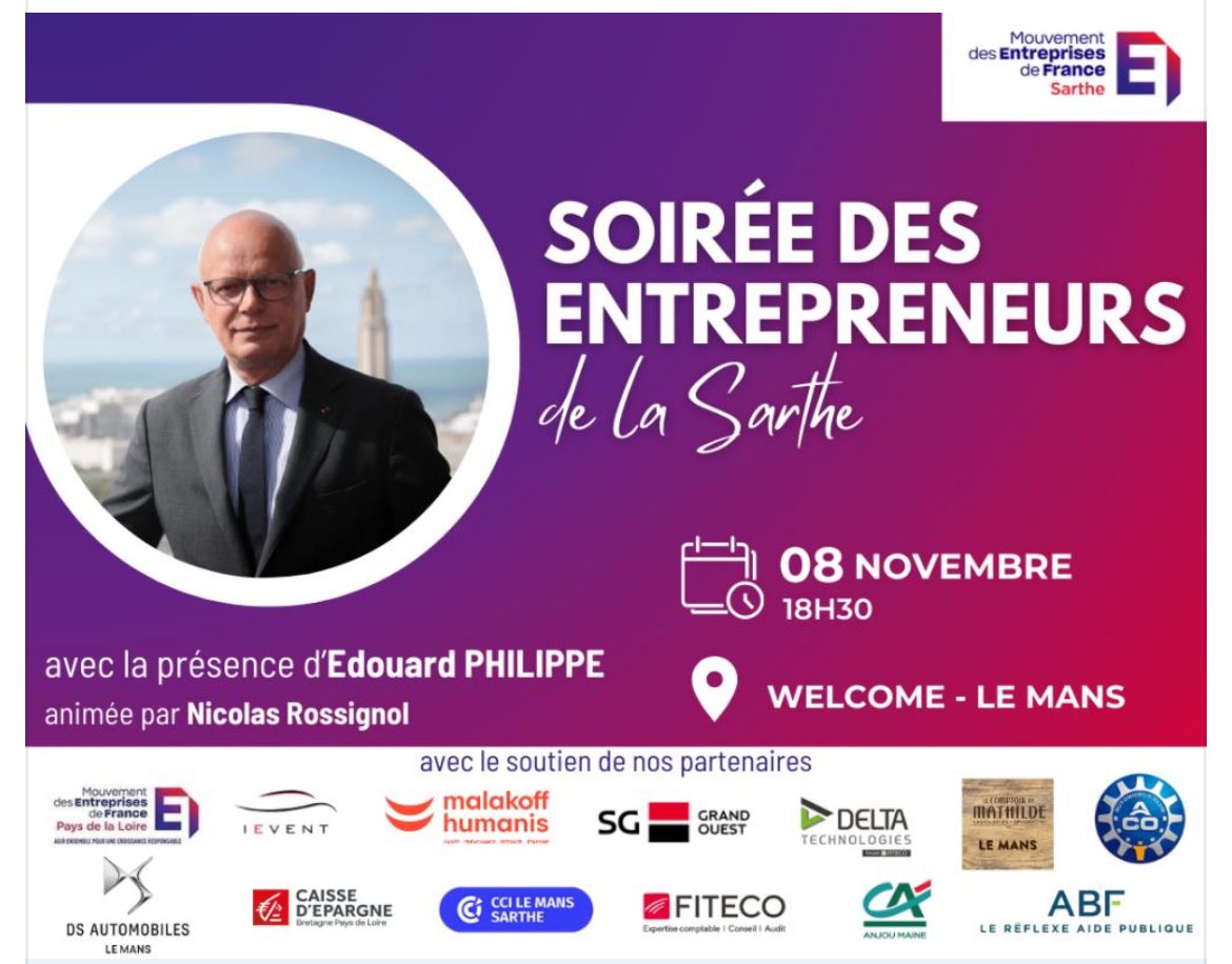 C’est ce soir et uniquement sur inscription : la soirée des entrepreneurs de <a href="/MedefSarthe/">MEDEF Sarthe</a> avec <a href="/EPhilippe_LH/">Edouard Philippe</a> en partenariat avec <a href="/MedefPDL/">Mouvement des Entreprises de France #Paysdelaloire</a> cc <a href="/Samueltual/">Tual Samuel</a>
