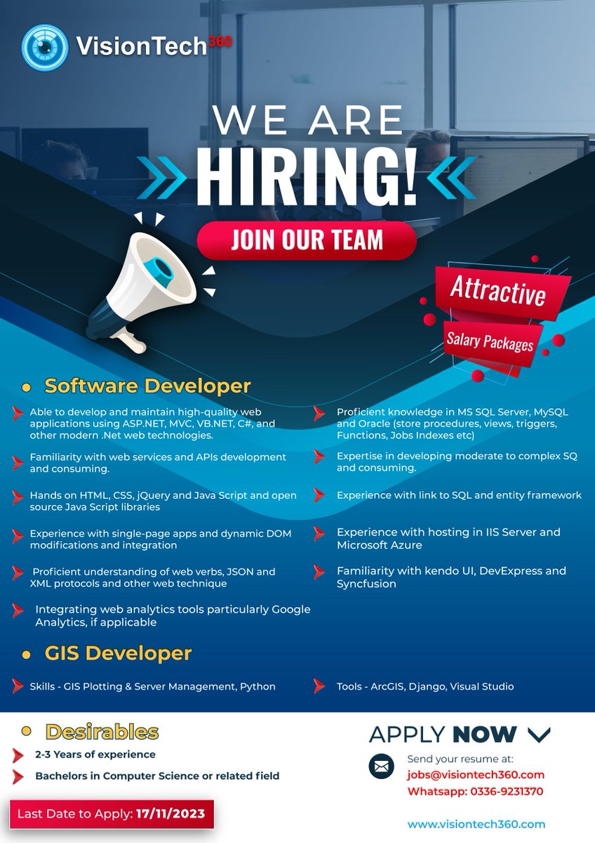 Software Developer (.Net & Python) and GIS Developer Required 
#vt360 #JobAlert #Jobs #Rawalpindi #SoftwareDevelopment #GIS #dotnet
