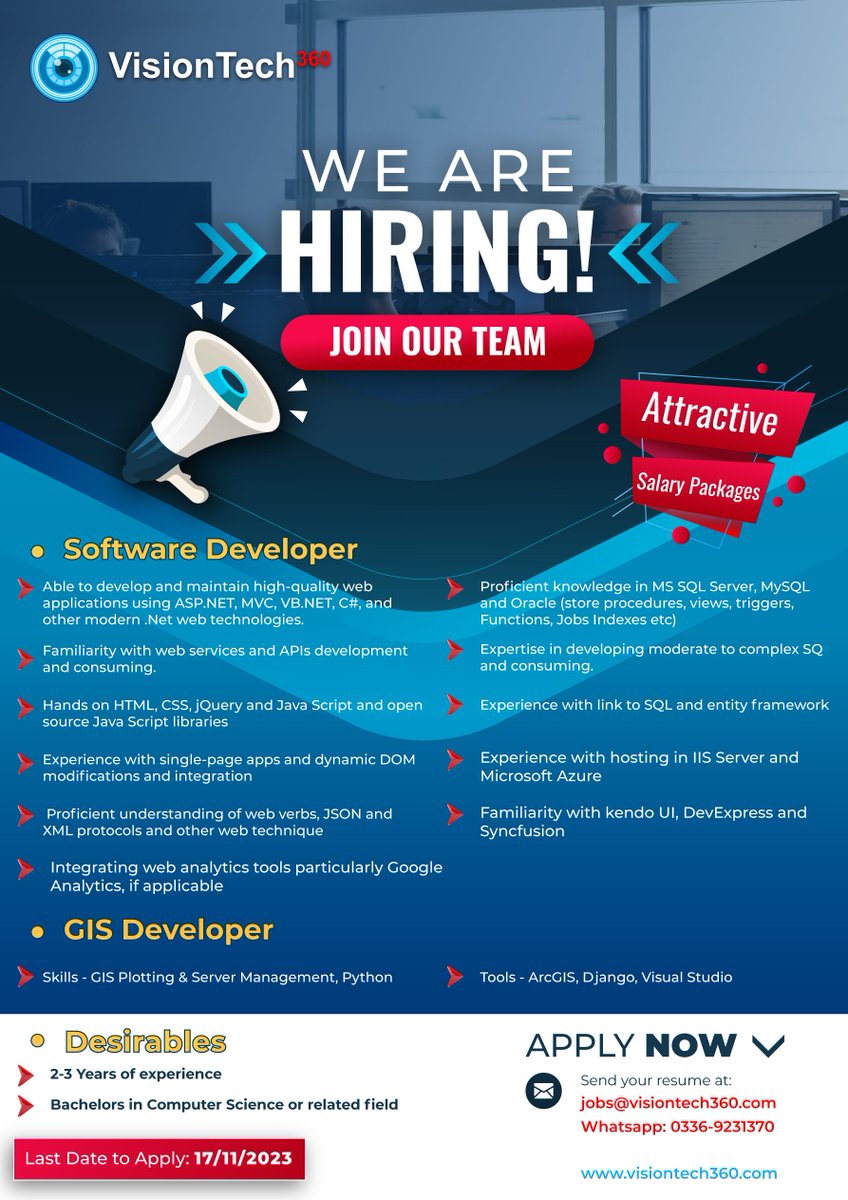 VisionTech36O's tweet image. Software Developer (.Net &amp;amp; Python) and GIS Developer Required 
#vt360 #JobAlert #Jobs #Rawalpindi #SoftwareDevelopment #GIS #dotnet