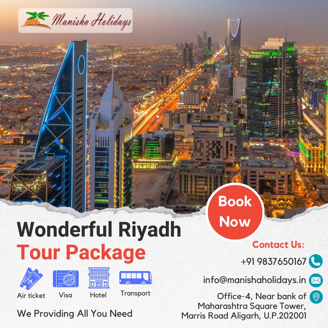 Discover the magic of Riyadh, a city where tradition meets modernity, Book your Riyadh adventure now
Contact us
Dubai:- +971 544525454
India:- +91 9837650167
Mail:- Info@manishaholidays.in
 #RiyadhAdventure. #RiyadhTravel #DiscoverRiyadh #SaudiArabia #TravelGoals