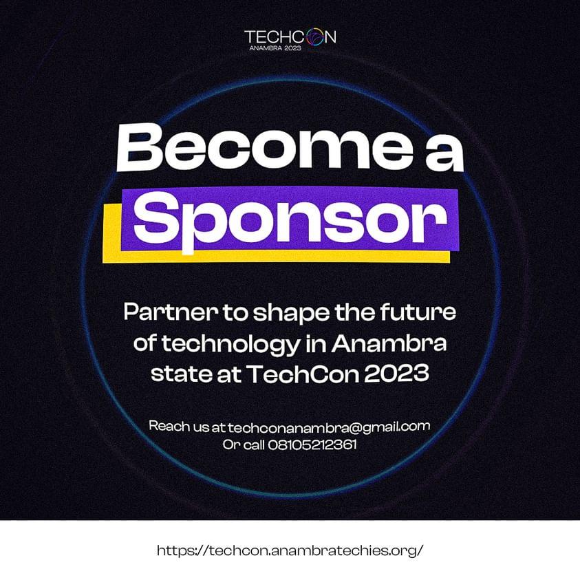 Calling on all positive change makers. 🚀

Become a sponsor at TechCon Anambra to be part of a great change by contributing to the tech awareness and amplification in Anambra State.

Reach out to us at techconanambra@gmail.com to get involved.

#TheNextWave
#TechCon23