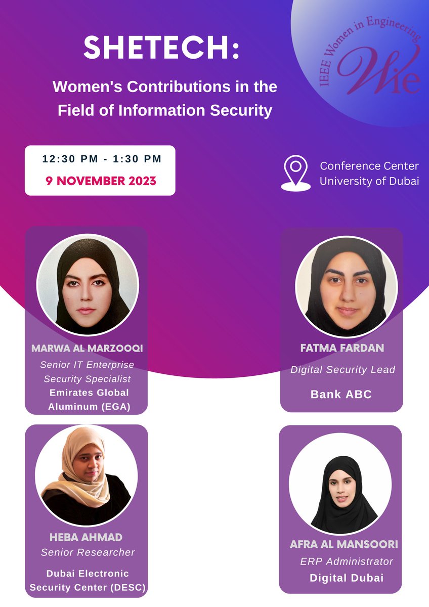 WIE_UAESection's tweet photo. We are thrilled to announce an upcoming panel discussion that is scheduled to be a part of the ICSPIS 2023. Organized by the IEEE WIE, this discussion will explore the remarkable contributions of women in the field of Information Security. #SheTech #WomenInTech #wie_uae #IEEE https://t.co/WAVNdSZc4e