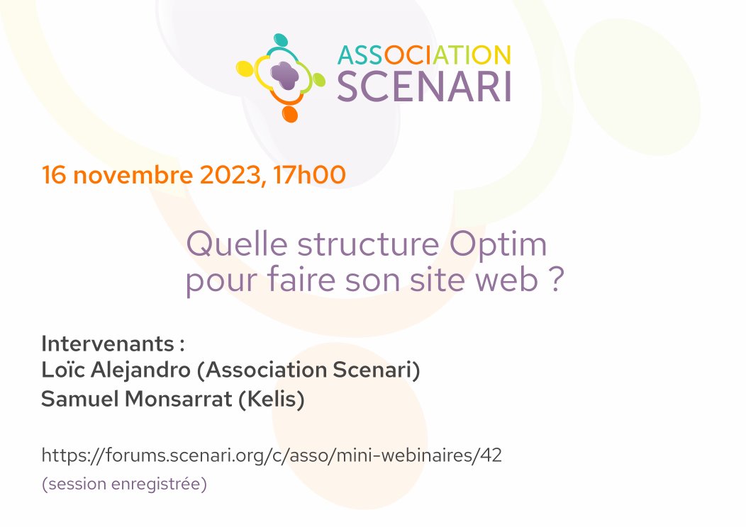 ScenariAsso's tweet image. 💻Prochain #MiniWebinaireScenari
Quelle structure #Optim pour faire son site web ?  
📆 vendredi 16 novembre de 17h à 18h  (heure de Paris)
🌐 scenari.org/visio/miniwebi….
Pour préparer la session : forums.scenari.org/t/mini-webinai…