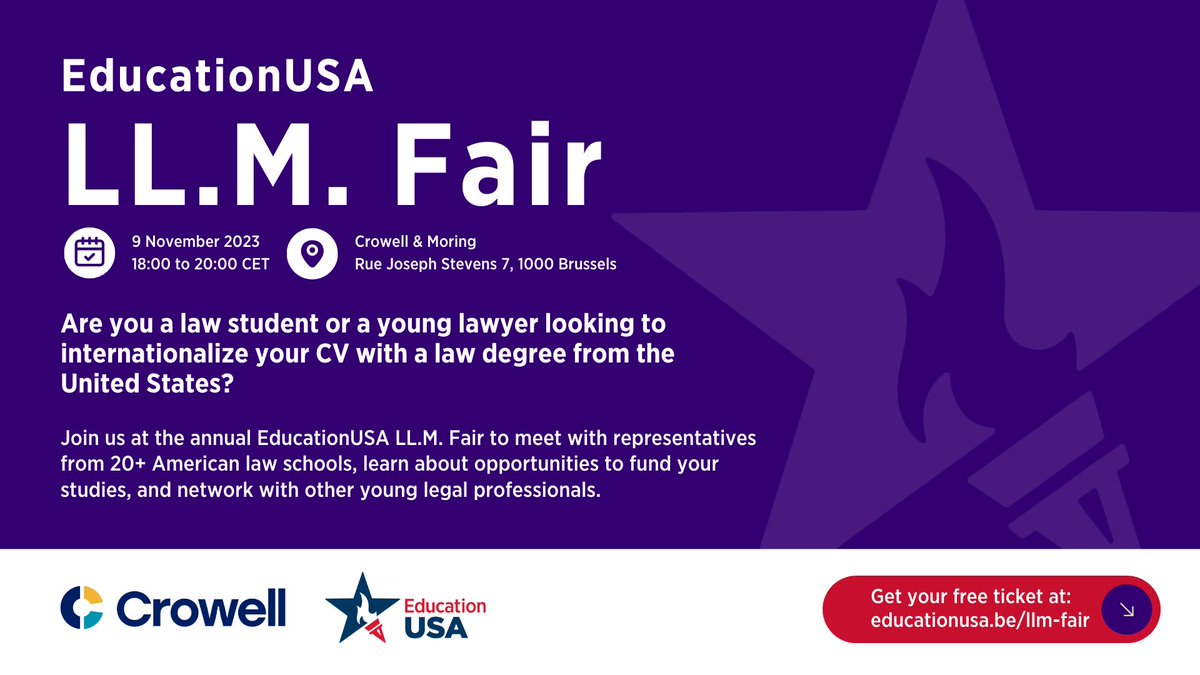 Are you or someone you know interested in pursuing a law degree in the United States? Join us TOMORROW to meet representatives from 21 law schools across the USA at the EducationUSA LL.M. Fair! Details ➡️ educationusa.be/llm-fair Registration ➡️ docs.google.com/forms/d/e/1FAI…