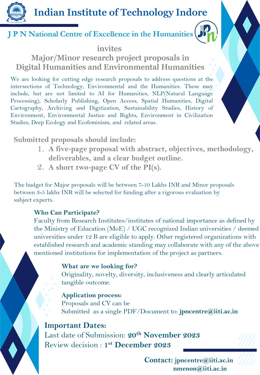 J P Narayan  National Centre of Excellence in the Humanities invites the Major/Minor research project proposals in Digital Humanities and Environmental Humanities..@ Details Notification..... jpnnationalcentre.com/wp-content/upl…
Last date of Submission: 20th November 2023