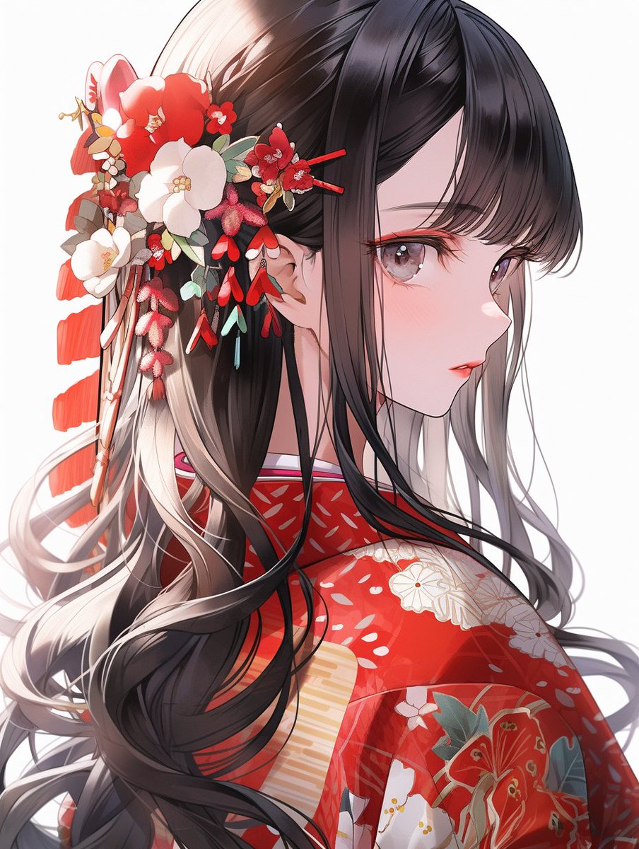 1girl solo hair ornament japanese clothes flower long hair kimono  illustration images