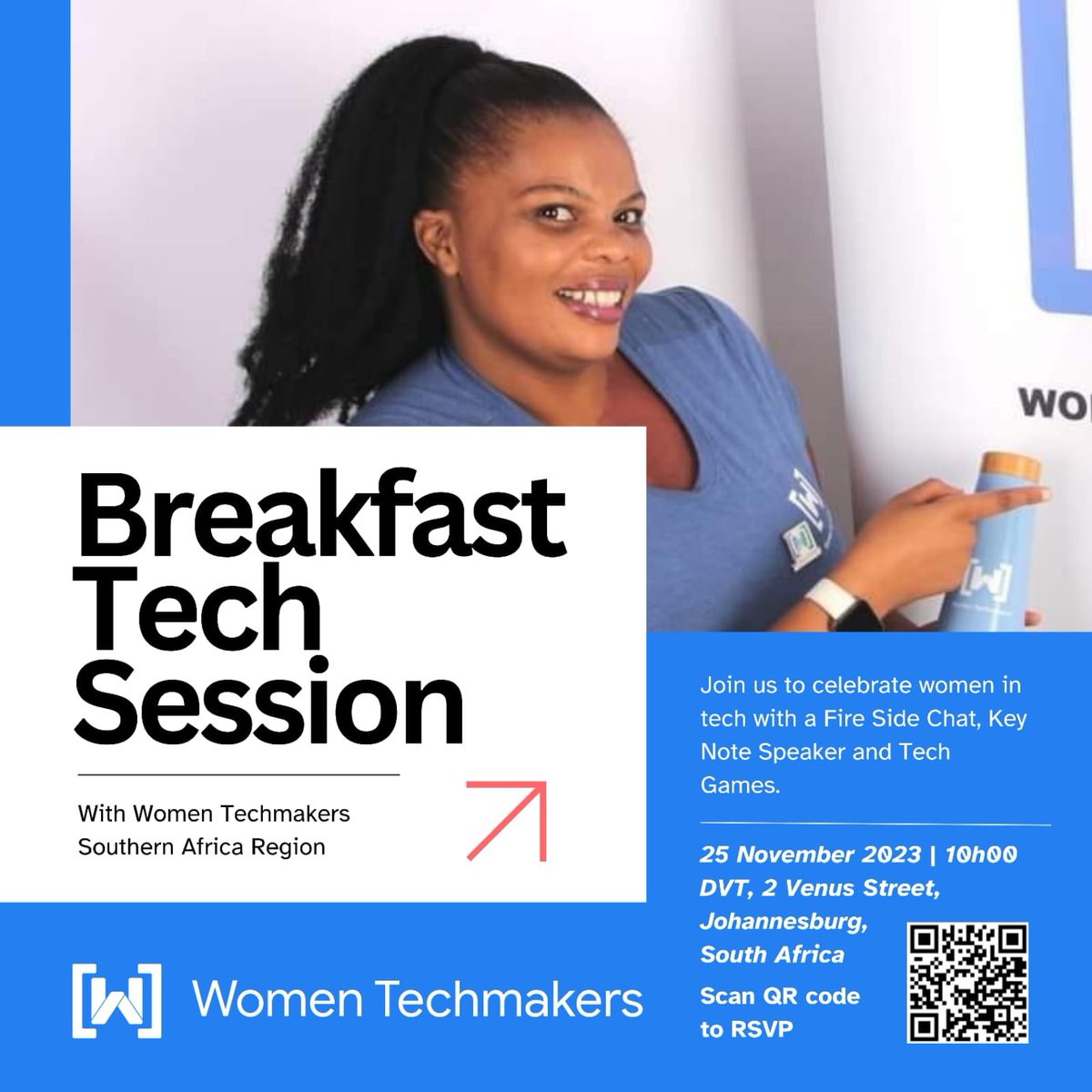wtmsouthernaf's tweet photo. Join Women Techmakers Southern Africa Region for a Breakfast Tech Session at #DevFestJoburg2023. RSVP: https://t.co/289cHmV5BQ

#WomenTechmakersSouthernAfricaRegion #DevFestJoburg2023 #BreakfastTechSession https://t.co/BkULpQHPeS