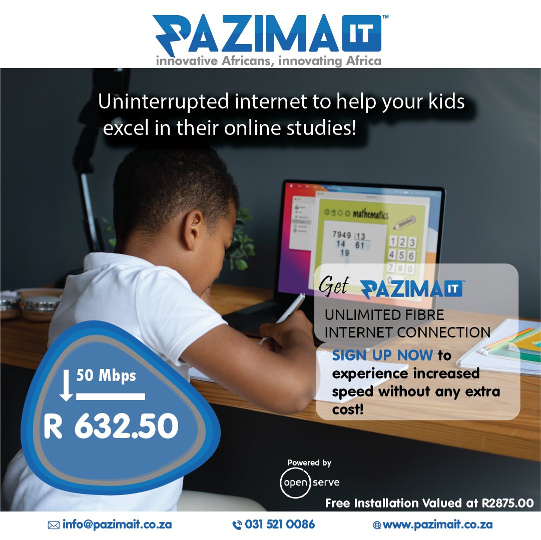 PazimaIT's tweet image. Say goodbye to boredom and hello to endless fun &amp;amp; learning! 🌟 Keep your kids engaged and entertained with lightning-fast, unlimited internet at home! 🚀 From educational adventures to streaming their favorite shows. Sign up now at pazimait.co.za 🌐👨‍👩‍👧‍👦 #Unlimited #online