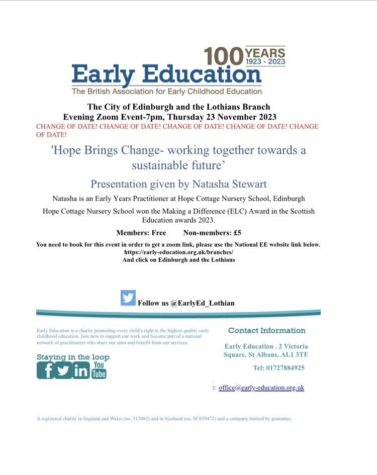 Change of date for the event below. Follow link to book a place early-education.org.uk/branches/