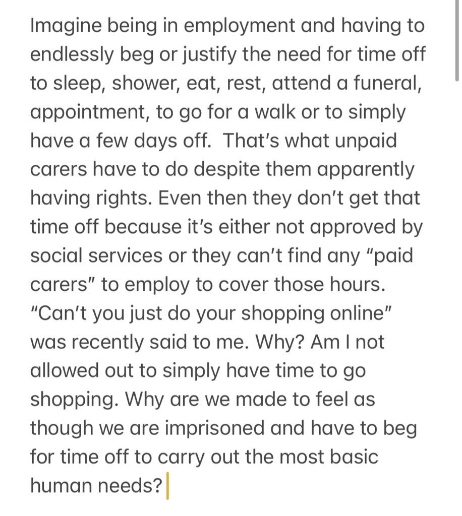 If unpaid carers have to beg for time off for the simplest of human needs - such as being able to sleep, then it illustrates how appallingly unpaid carers are treated @RishiSunak 🪡