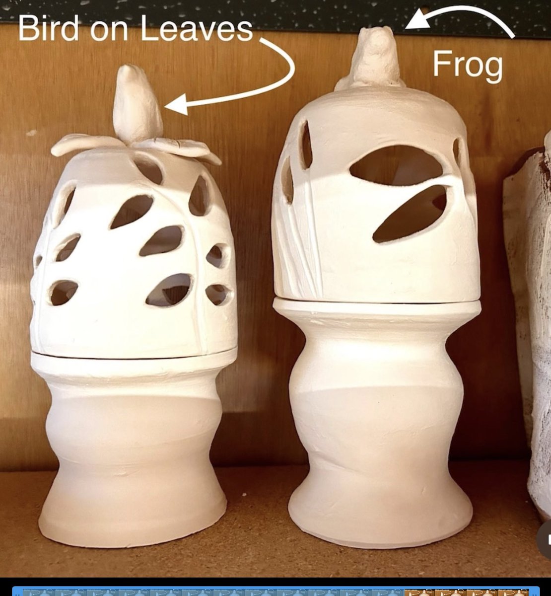 Here they both are finished.  Love how they turned out!  #luminarias  #tealightholders #birdcandleholder #froglovers #birdlovers #birdwatcher #froggift #birdgift #handmadepottery #zencatpottery #etsypotteryshop