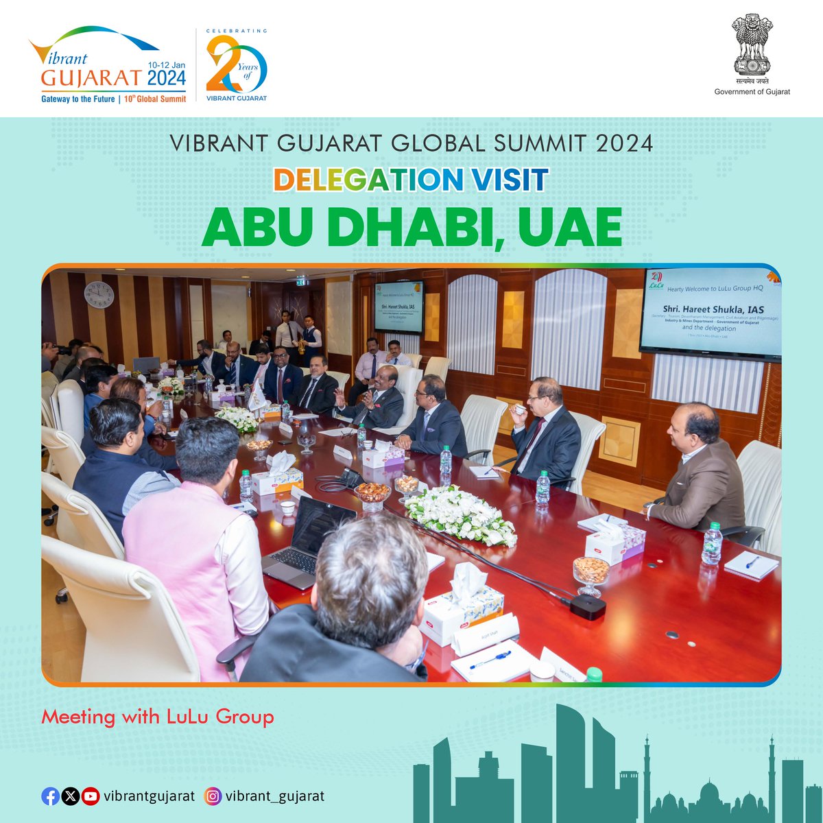 A high-level delegation of #VGGS2024, led by Shri @hareets, IAS, Secretary, GoG, held a meeting with @Yusuffali_MA , Chairman of @LuLuGroup_India, and other senior representatives to discuss potential investment opportunities in #Gujarat.

#VibrantGujarat2024 #DelegationVisit