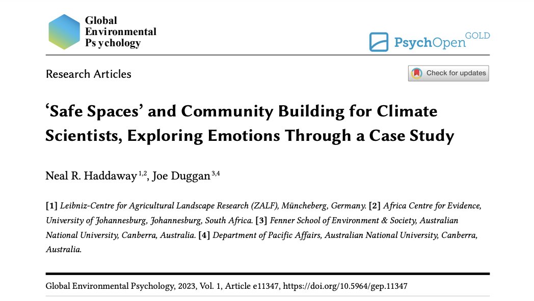 Neal R Haddaway @nealhaddaway.bsky.social (@nealhaddaway) on Twitter photo NEW STUDY: "‘Safe Spaces’ and Community Building for Climate Scientists, Exploring Emotions Through a Case Study"
A thread on climate emotions and the role of therapy in supporting environmental scientists
A paper with the amazing <a href="/Joe_Comms/">Joeymcjojoshabadoo</a>
1/12
gep.psychopen.eu/index.php/gep/… NEW STUDY: "‘Safe Spaces’ and Community Building for Climate Scientists, Exploring Emotions Through a Case Study"
A thread on climate emotions and the role of therapy in supporting environmental scientists
A paper with the amazing <a href="/Joe_Comms/">Joeymcjojoshabadoo</a>
1/12
gep.psychopen.eu/index.php/gep/…