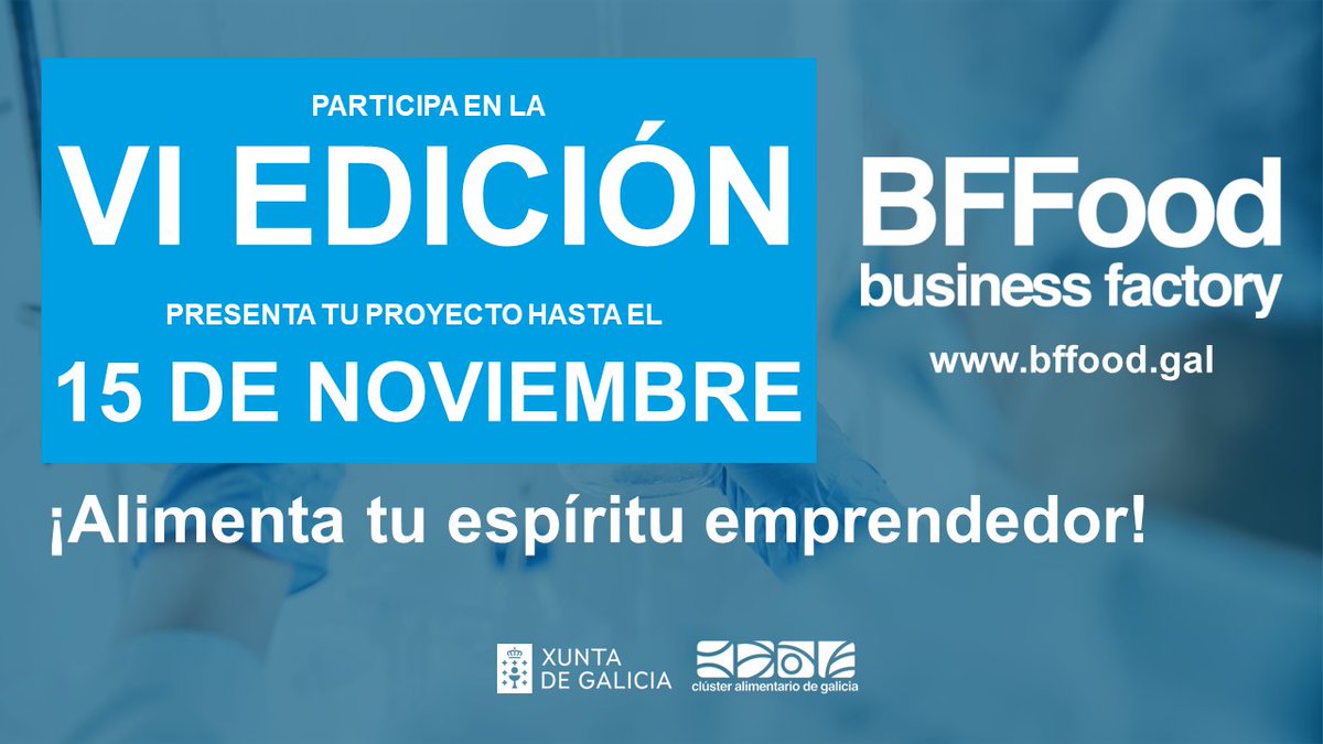 Estamos en la recta final! 🏁 Que no se te escape!🎯 Si tienes una idea innovadora alineada con alguno de los retos bffood.gal/#retos que busca resolver el sector alimentario preséntalo a la VI Edición de #BFFood ✍ bffood.gal/bases