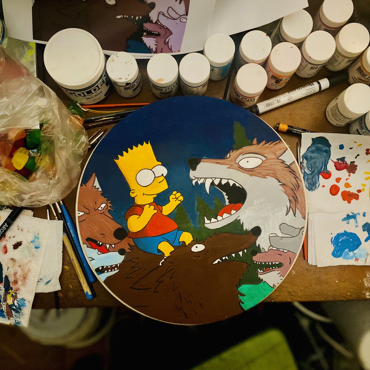 My new hobby is generating AI simpson’s screenshots from episodes that don’t exist and then painting them with actual paint. So this is “Bart is raised by wolves” & it has some of the best AI wolves I have ever seen. This is basically all that is holding my mental health together