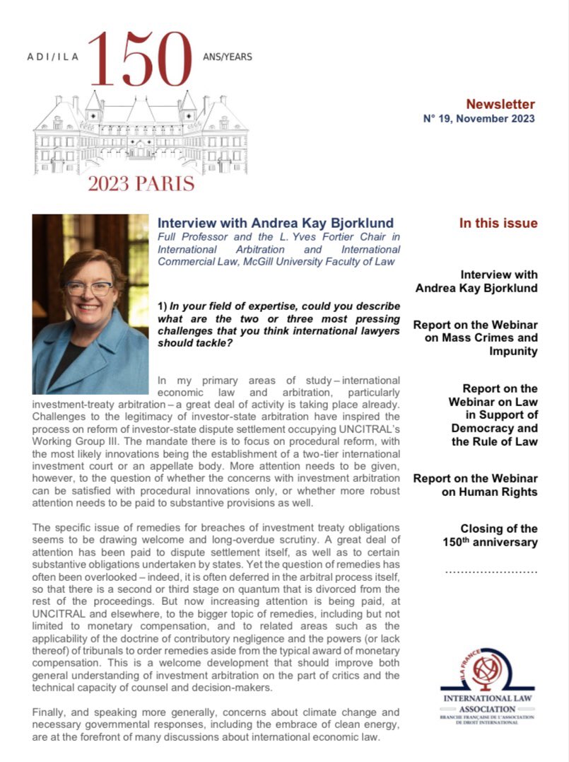 ILA-ADI 2023 (@150adiila2023) on Twitter photo The ILA 2023 Newsletter No. 19 is out !
In this new issue:
- an interview with Andrea Kay Bjorklund, Professor <a href="/mcgillu/">McGill University</a>
- reports on webinars Mass Crimes, Democracy & Rule of Law, Human Rights (courtesy of Karla Lucero, Apolline Marichez & Eva Neuilly) The ILA 2023 Newsletter No. 19 is out !
In this new issue:
- an interview with Andrea Kay Bjorklund, Professor <a href="/mcgillu/">McGill University</a>
- reports on webinars Mass Crimes, Democracy & Rule of Law, Human Rights (courtesy of Karla Lucero, Apolline Marichez & Eva Neuilly)