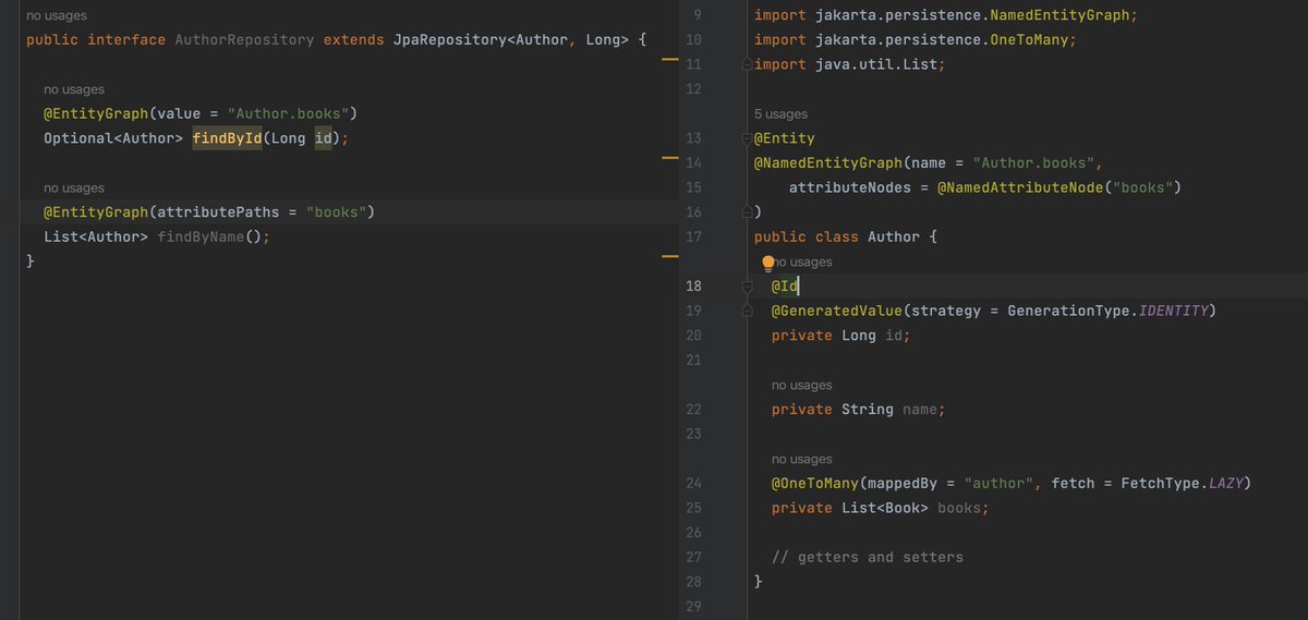 mariia__t's tweet image. I recently found out a nice feature in JPA: Entity Graph
With this you can eagerly fetch associations only when needed. It looks like a really nice approach to still overcome n+1 problem and not to be forced to fetch eagerly all the time.
#java #hibernate #springboot #jpa