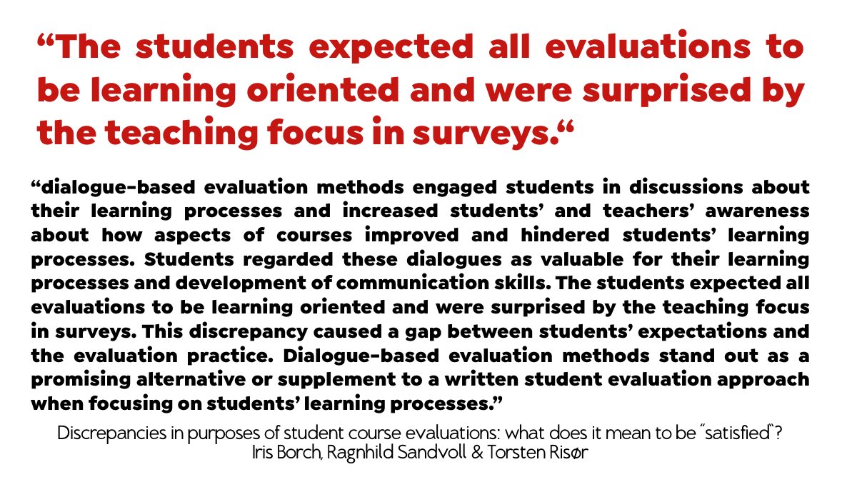 “The students expected all evaluations to be learning oriented and were surprised by the teaching focus in surveys. This discrepancy caused a gap between students’ expectations and the evaluation practice.”