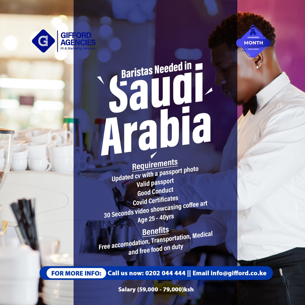 Baristas Needed in Saudi Arabia! #baristas #saudiarabia #workinsaudiarabia #giffordagencies #jobvacancies #novemberopportunities #eldoret #kenya #goviral #trendingnow