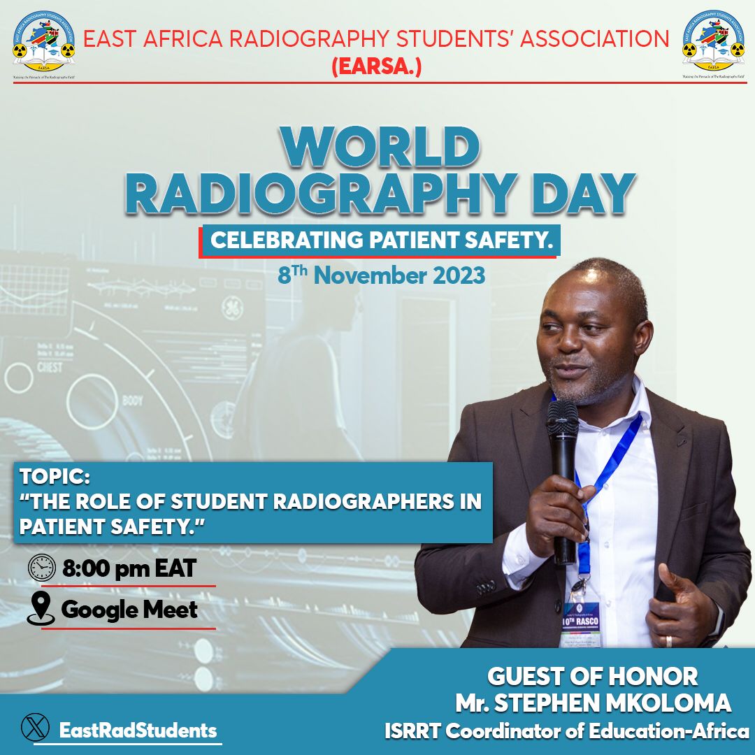 EAST AFRICA RADIOGRAPHY STUDENTS ASSOCIATION
As we are celebrating the  World Radiography Day, the East Africa Radiography Students Association is inviting you to join the meeting with the community of all East Africa Radiography students using this link. 
meet.google.com/ish-djpn-m