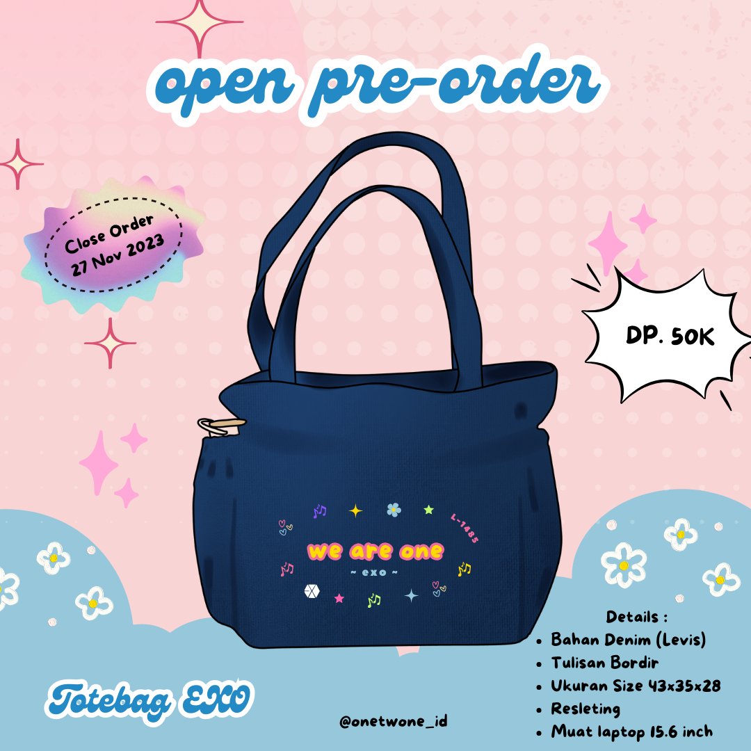 onetwone_id's tweet photo. ๐ฅOPEN PRE-ORDER๐ฅ
โฉ Totebag EXO
Close : 27 November 2023
Harga : Rp. 119.000
Dp : Rp. 50.000
Versi :
- we are one
- L-1485
Details :
- Bahan Denim
- Tulisan Bordir
- Uk 43x35x25
- Resleting
LINK GFORM :
https://t.co/AfVhZ9WF4t
#TotebagEXO #EXOL #By121 #weareoneexo https://t.co/lpDdP0Lf5D