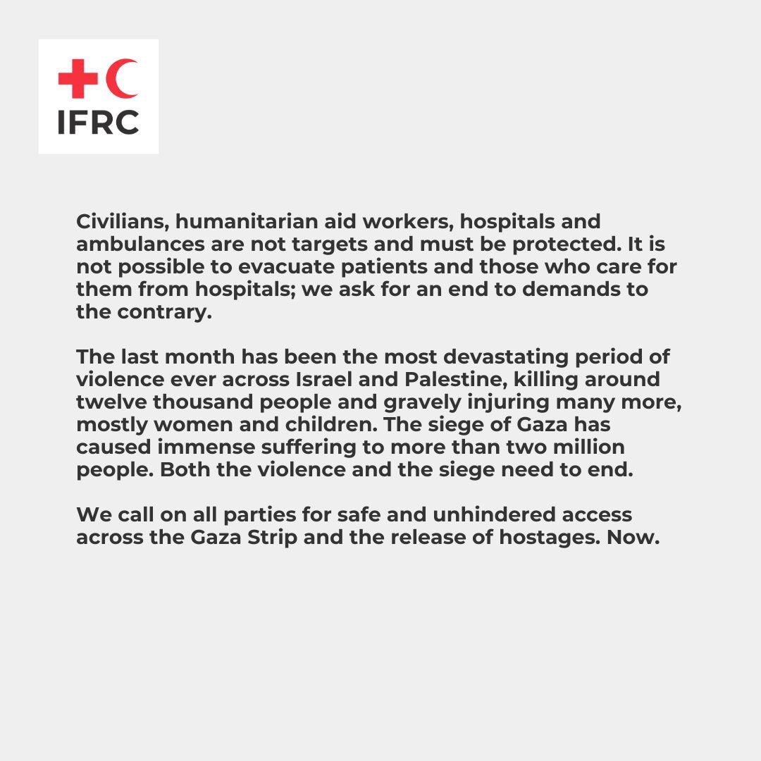 We <a href="/IFRC/">IFRC</a> call for safe and unhindered access across the Gaza Strip and the release of hostages. 

Now.

Read the full statement 
👇