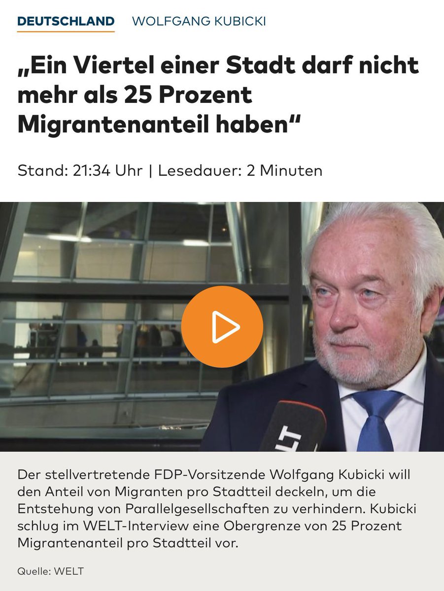 Anteil der Menschen ohne deutschen Pass in Städten 2022:
München: 33,4%
Frankfurt 32,7%
Ludwigshafen 31,5%
Berlin: 25,3%

Wie will Bundestagsvizepräsident #Kubicki seine Forderung nach Massendeportationen denn umsetzen? Was soll dieses unsinnige rechtspopulistische Gequatsche?