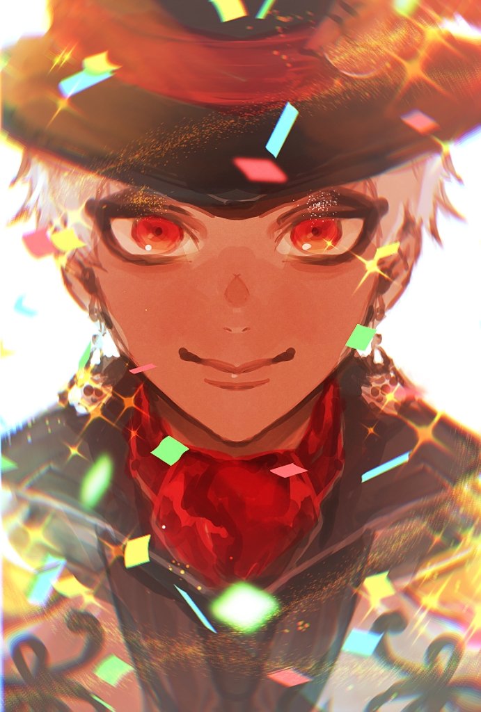 1boy solo male focus red eyes smile confetti dark skin  illustration images