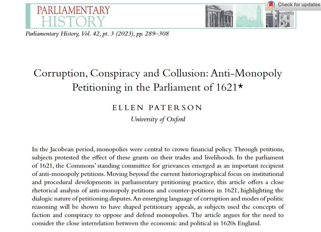 How did economic and political complaints combine in petitions to the Jacobean parliaments?

Ellen Paterson's (<a href="/elpatersonPhD/">Dr Ellen Paterson</a>) article is the latest addition to the #PowerOfPetitioning annotated bibliography:
petitioning.history.ac.uk/blog/2019/05/p…