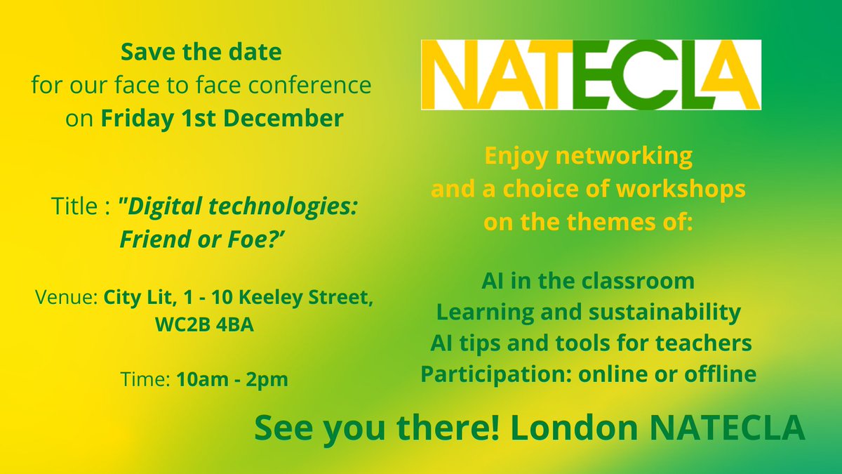 NATECLA London (@nateclaldn) on Twitter photo 📚 Calling all ESOL professionals and NATECLA followers! 🍎 Join us at the upcoming conference - an amazing opportunity to explore innovative strategies and tech tools for the classroom
Book your spot now: bit.ly/London-Dec2023
<a href="/NATECLA/">NATECLA National Centre</a> <a href="/NateclaEast/">NATECLA East Of England</a> <a href="/NATECLA_NW/">NATECLA NW Branch</a> #ESOLchat #ESOL 📚 Calling all ESOL professionals and NATECLA followers! 🍎 Join us at the upcoming conference - an amazing opportunity to explore innovative strategies and tech tools for the classroom
Book your spot now: bit.ly/London-Dec2023
<a href="/NATECLA/">NATECLA National Centre</a> <a href="/NateclaEast/">NATECLA East Of England</a> <a href="/NATECLA_NW/">NATECLA NW Branch</a> #ESOLchat #ESOL