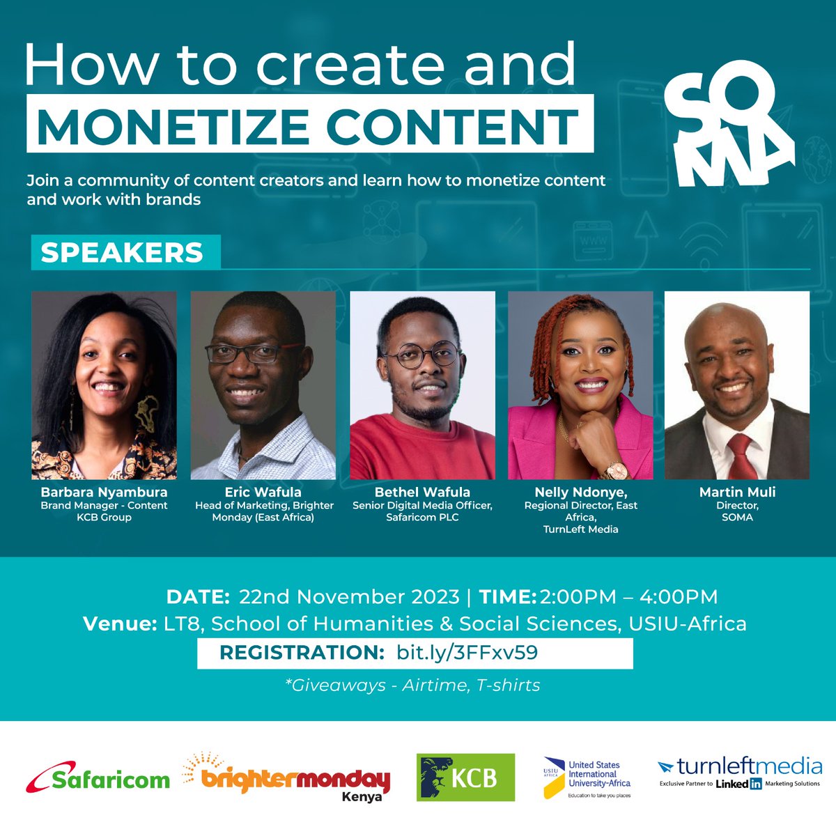 Join us for a conversation on content creation and monetization models at @ExperienceUSIU on 22nd November from 2:00PM. #ContentMonetization #USIUConnect @SafaricomPLC @BrighterMonKE @KCBGroup