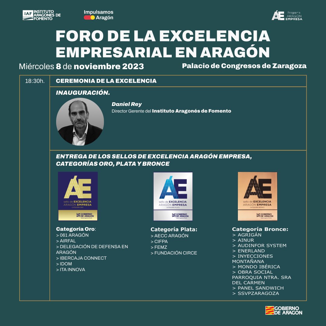 IAF_Aragon's tweet photo. 📢 ¡Este es el Programa completo del Foro de Excelencia que tendrá lugar hoy, 8 de noviembre, en el Palacio de los Congresos!
#ExcelenciaEmpresarial2023 #ForoExcelenciaEmpresarial #Empresa #Aragon #AragonEmpresa #IAFAragon #SellosExcelenciaAragonEmpresa #PremioExcelencia2023 https://t.co/yMmk5YErew