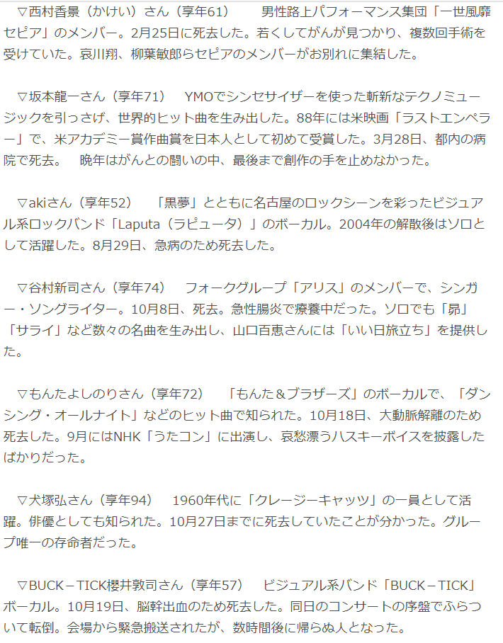 音楽関係　訃報一覧

高橋幸宏さん(70)
燕真由美さん(62)
鮎川誠さん(74)
恒岡章さん(51)
岡田徹さん(73)
黒田隼之介さん(34)
黒崎真音さん(35)
西村香景さん(61)
坂本龍一さん(71)
akiさん(52)
谷村新司さん(74)
もんたよしのりさん(72)
犬塚弘さん(94)
櫻井敦司さん(57)
sponichi.co.jp/entertainment/…