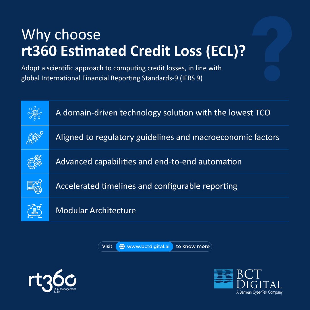Grow with #BCTDigital's #rt360 ECL! We are committed to helping our clients achieve their #financialgoals with #accuracy and foresight. Partner with us to enable your #business to compute exact #ECL based on #regulatoryguidelines.
Reach out to us at - bctdigital.ai