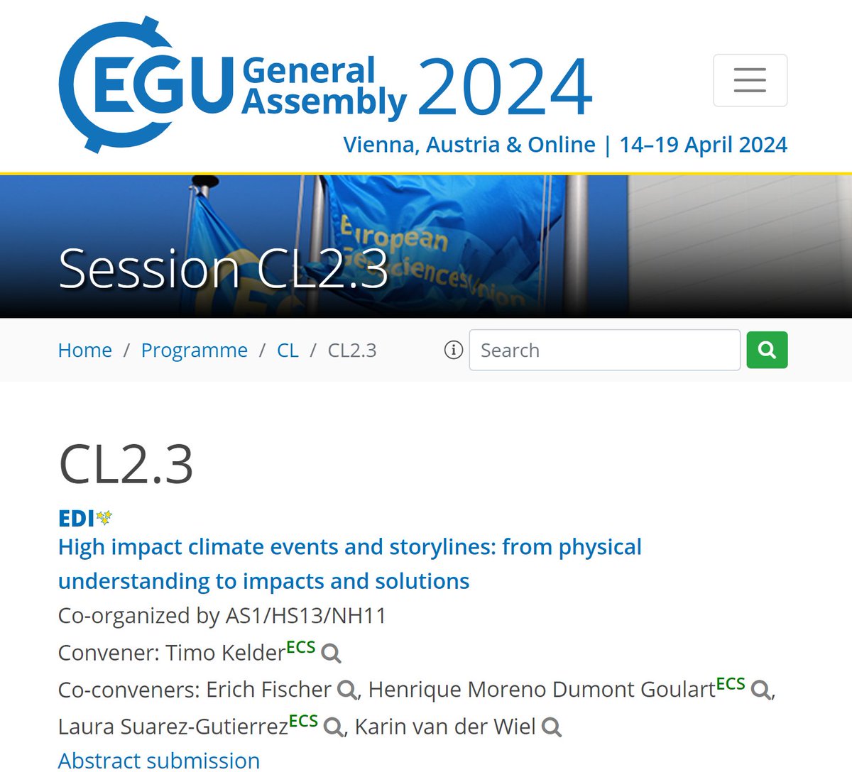 #EGU24 High-impact climate events

After a year of countless record-breaking extremes, we organize (again) an #EGU24 session on understanding and quantifying such high-impact climate events and developing storylines for them! 

Submit your abstract here👇 meetingorganizer.copernicus.org/EGU24/session/…