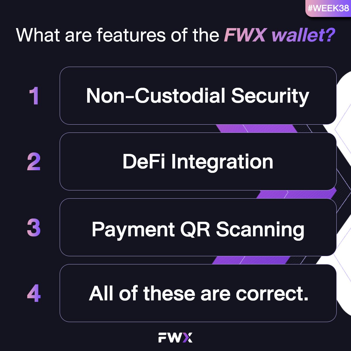 #WeeklyQuizzyQuiz — WEEK38👋 Answer this question and 5 lucky winners will receive 1000 FWX Tokens each. ✅Follow FWX ❤ Like and 🔄 Retweet this post before replying your answer! ➡ Answer Format: 1 / 0x29F...95C #giveaway #airdrop #trading #CRYPTO