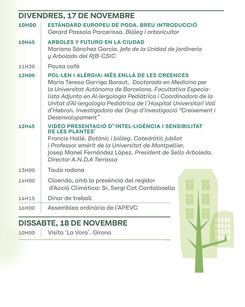 apevcat's tweet photo. Proper 𝗱𝗶𝘃𝗲𝗻𝗱𝗿𝗲𝘀 𝟭𝟳 𝗱𝗲 𝗻𝗼𝘃𝗲𝗺𝗯𝗿𝗲 al #CongresAPEVC, comptarem amb les ponències de Gerard Passola, Mariona Sánchez, Maria Teresa Garriga i Francis Hallé. Podeu consultar horaris i informació detallada a la nostra web 👉 https://t.co/9W6oyrQD7L https://t.co/eSg99xC0nL