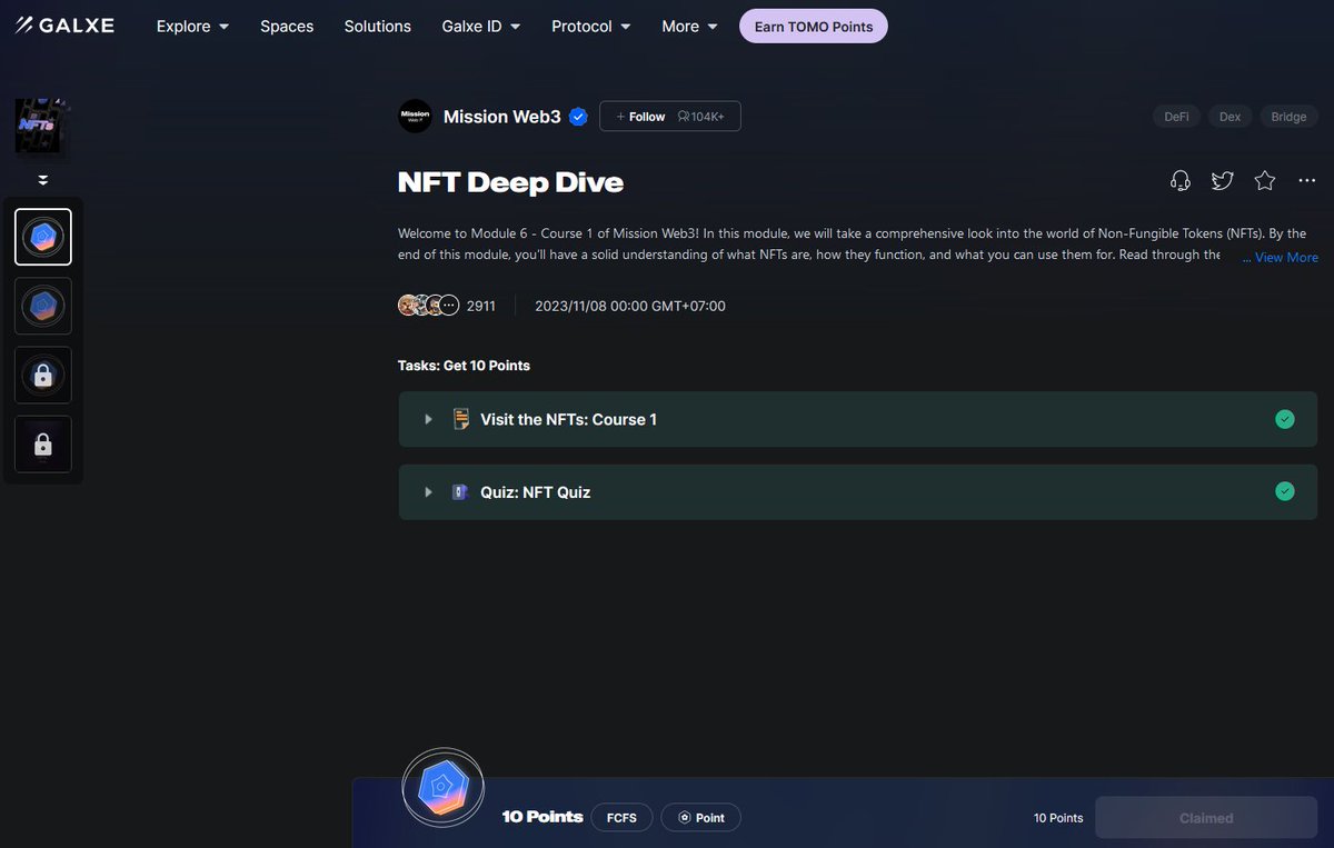 ThiPham020990's tweet image. Claim Free 10 points NFT Deep Dive #MissionWeb3

Link: galxe.com/MissionWeb3/ca…

Quiz answers: 1B 2C 3C