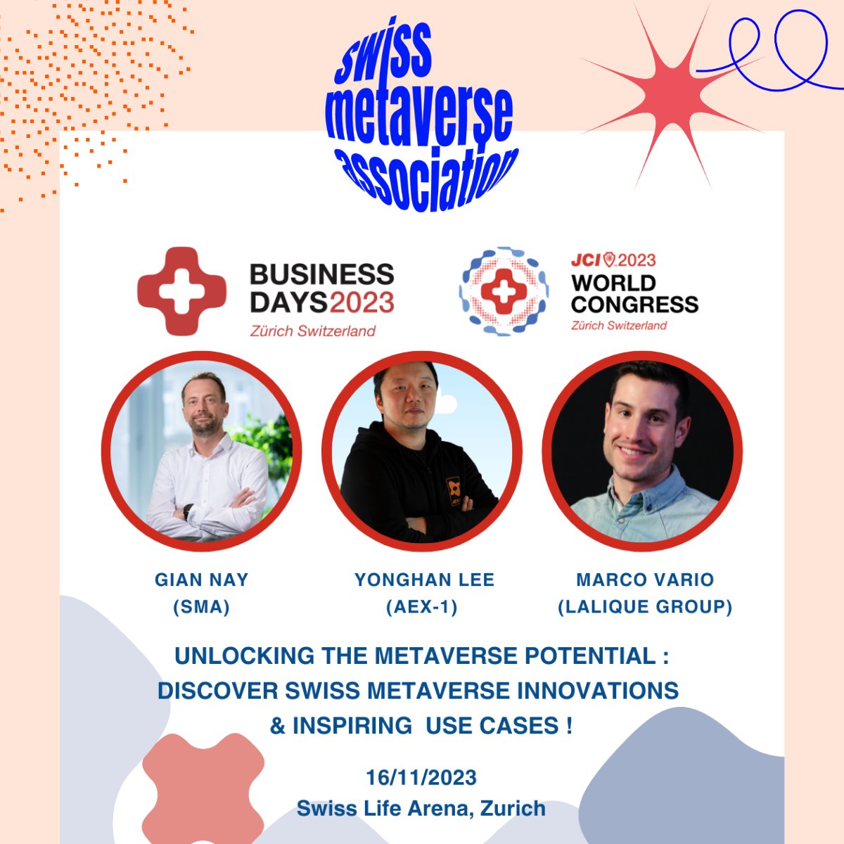 The Swiss Metaverse Association is gearing up for the spotlight at this year's JCI World Congress 2023 in #Zurich!

On Nov 16th our stellar lineup of speakers is all set to share their insights and innovations on #Web3 and the #metaverse.
jci-wc23.ch/program/busine…
