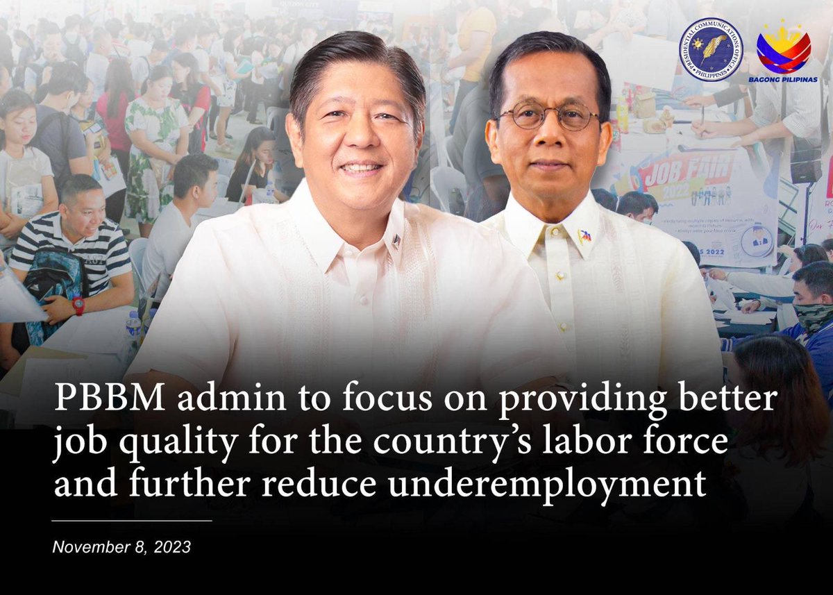 The Marcos administration vowed on Wednesday to continue working for a better job quality for the country’s labor force and further reduce underemployment. Read: pco.gov.ph/PBBM-admin-to-…