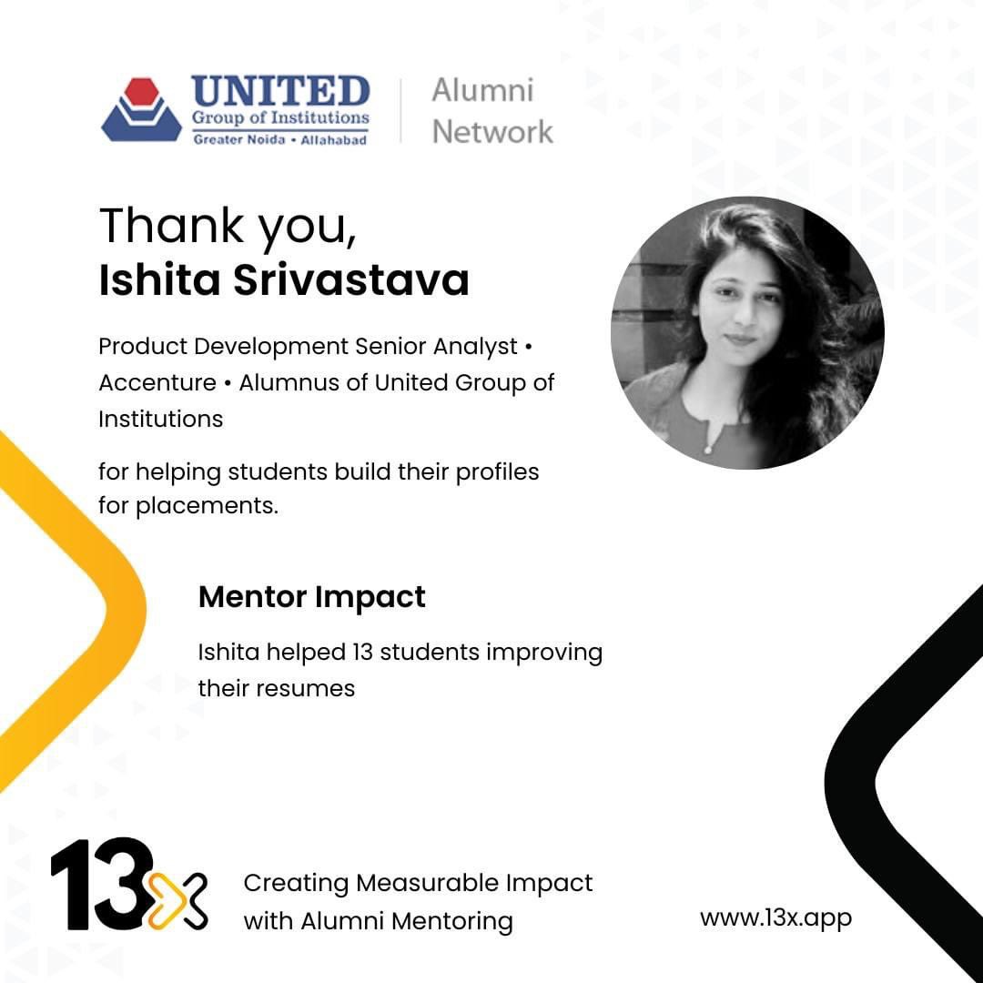 13xbyVaave's tweet photo. Today, we're thrilled to shine a light on an incredible individual, Ishita Srivastava, an alumna of the UGI Prayagraj.

In our recent #alumni #mentoring program, Ishita generously dedicated her time and expertise to review the resumes of 13 students. https://t.co/ndgacGZIGT