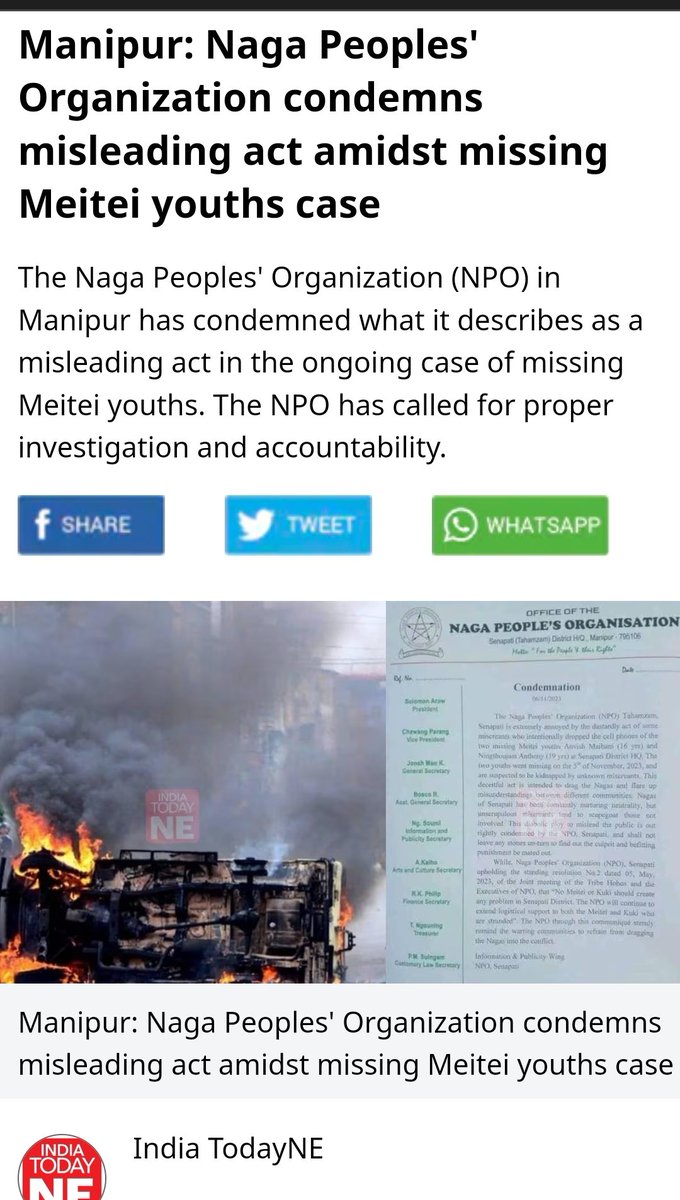 The Naga Peoples' Organisation (NPO) has strongly condemned the attempted foul play in the alleged kidnapping of two Meitei students 

a) Anvish Maibam (16 years) 
b) Ningthoujam Anthony (19 years) 

According to the NPO, their mobile phones had been deliberately left in the