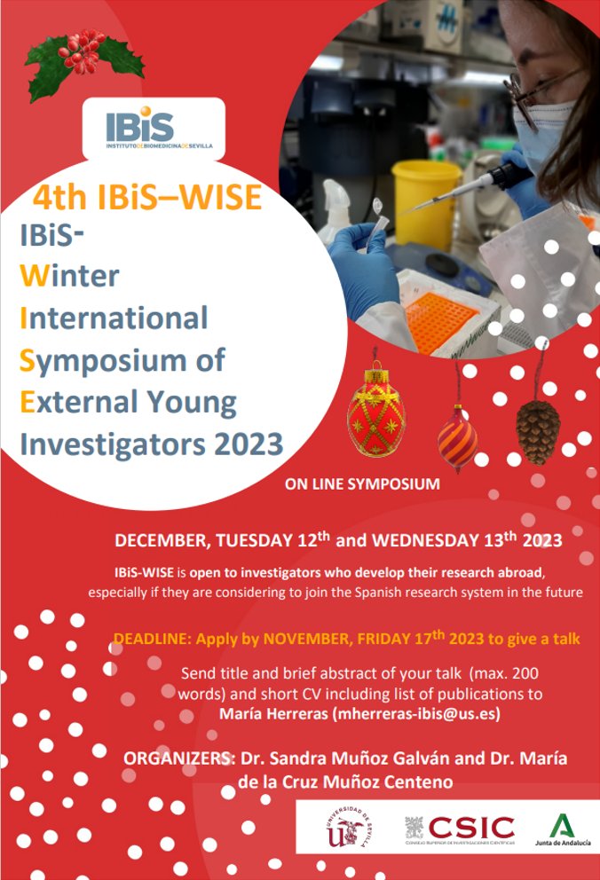 ibis_sevilla's tweet photo. 🔵 Life with IBiS |
4th IBiS-Winter International Symposium of External Young Investigators 2023 is coming! #IBiSWISE 🎄
12-13 December ONLINE, for PhD students & postdocs researching abroad, especially if consider joining Spanish research system.
Remember: Deadline 17 Nov! ⏳ https://t.co/yeI7eMqQZf